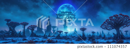 Otherworldly landscape: giant moon and ethereal vegetation Otherworldly landscape: giant moon and ethereal vegetation 111074357