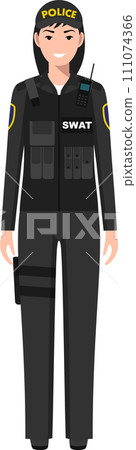 Standing SWAT Policewoman Officer in Traditional Uniform Character Icon in Flat Style. Vector Illustration. 111074366