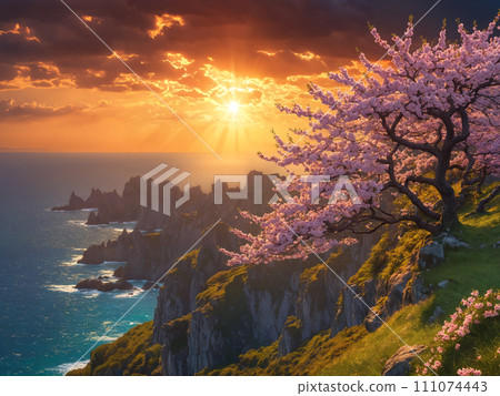 Sunset serenity: floral haven and coastal beauty 111074443