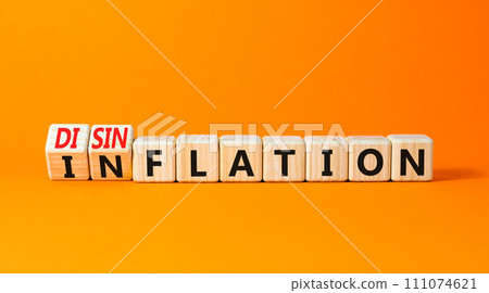 Inflation or disinflation symbol. Concept word Inflation Disinflation on beautiful wooden cubes. Beautiful orange table orange background. Business inflation disinflation concept. Copy space. Inflation or disinflation symbol. Concept word Inflation Disinflation on beautiful wooden cubes. Beautiful orange table orange background. Business inflation disinflation concept. Copy space. 111074621