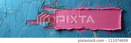 A textured blue wall featuring a contrasting pink rectangular paint stroke, perfect for adding custom text or messages, ideal for striking design projects and art backgrounds. Generative AI. 111074699