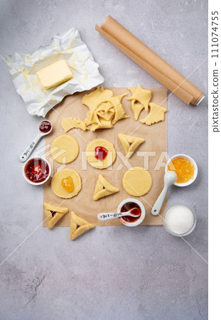 Dough, Jam, Sugar, Butter, Rolling Pin on Gray Stone Table. Purim Celebration, Jewish Carnival Holiday Concept. 111074755