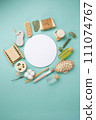 Natural Eco Friendly Beauty, Skin Care Products Concept. Zero Waste Bathroom, Spa Accessories on Green Mint Background. 111074767