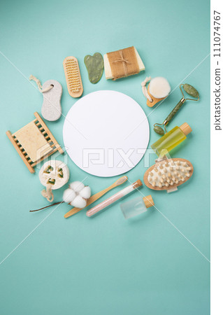 Natural Eco Friendly Beauty, Skin Care Products Concept. Zero Waste Bathroom, Spa Accessories on Green Mint Background. 111074767