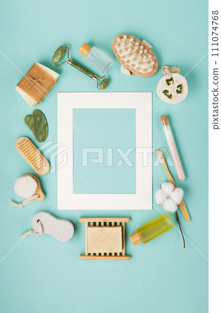 Natural Eco Friendly Beauty, Skin Care Products Concept. Zero Waste Bathroom, Spa Accessories on Green Mint Background. 111074768