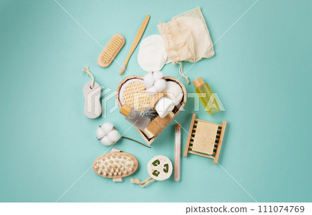 Natural Eco Friendly Beauty, Skin Care Products Concept. Zero Waste Bathroom, Spa Accessories on Green Mint Background. 111074769