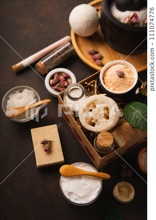 Natural Eco Friendly Beauty, Skin Care Products Concept. Zero Waste Bathroom, Spa Accessories on Wooden Background. 111074776