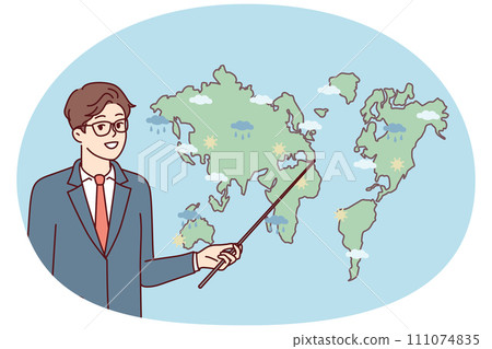 Male weather forecaster showing precipitation prediction map in different parts world. Vector image 111074835