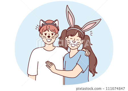 Boy and girl with animal ears and painted mustaches on faces for school masquerade. Vector image 111074847
