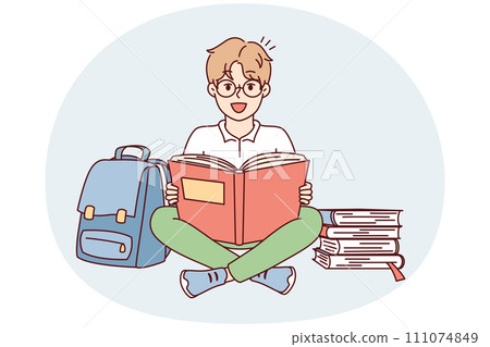 Positive schoolboy sits cross-legged on floor near backpack and stacks of textbooks. Vector image 111074849