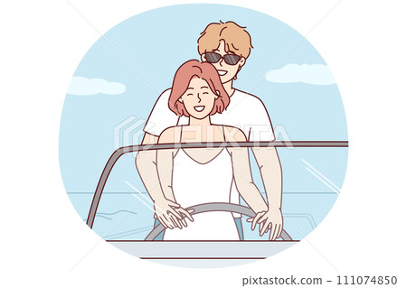 Romantic man and woman at same time control boat holding helm enjoying summer vacation. Vector image 111074850