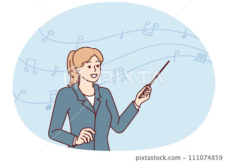 Woman conductor musical orchestra with pointer in hand stands near notes on wavy line. Vector image Woman conductor musical orchestra with pointer in hand stands near notes on wavy line. Vector image 111074859