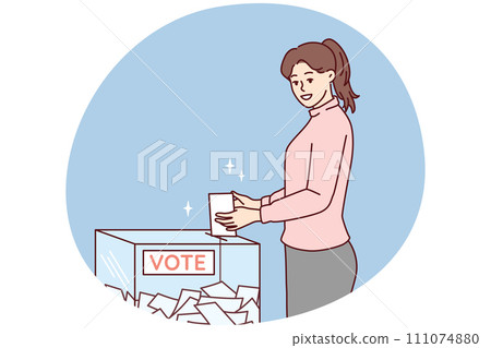 Woman throws ballot into box casting vote for presidential or congressional candidate. Vector image 111074880