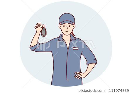 Woman working at car wash shows key to car after providing body cleaning services. Vector image Woman working at car wash shows key to car after providing body cleaning services. Vector image 111074889
