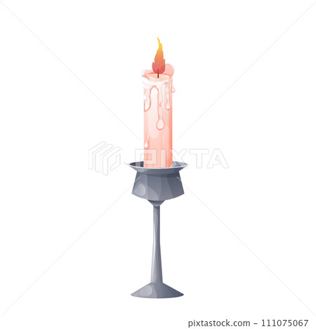 Wax candle with fire in metal holder, candelabra flame in cartoon style isolated on white background. Wax candle with fire in metal holder, candelabra flame in cartoon style isolated on white background. 111075067