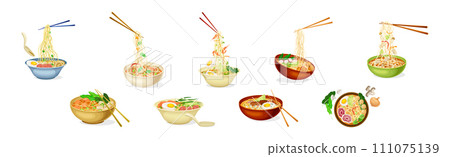 Ramen Soup Noodles Bowl as Asian Traditional Cuisine Dish Vector Set Ramen Soup Noodles Bowl as Asian Traditional Cuisine Dish Vector Set 111075139
