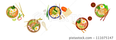 Ramen Soup Noodles Bowl as Asian Traditional Cuisine Dish Vector Set 111075147