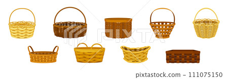Wicker Basket as Handmade Straw Container with Handle Vector Set 111075150