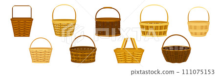 Wicker Basket as Handmade Straw Container with Handle Vector Set Wicker Basket as Handmade Straw Container with Handle Vector Set 111075153