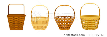 Wicker Basket as Handmade Straw Container with Handle Vector Set Wicker Basket as Handmade Straw Container with Handle Vector Set 111075160