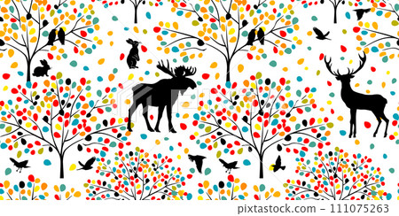 Seamless background colored forest with animals. hand drawing. Not AI, Vector illustration Seamless background colored forest with animals. hand drawing. Not AI, Vector illustration 111075263