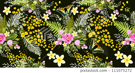 Seamless spring dark background with mimosa and flowers. Hand drawing. Not AI. Vector illustration 111075272
