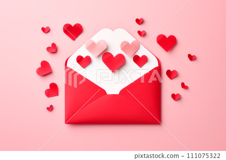 Envelope with red hearts on a solid pink background. 3d render. Envelope with red hearts on a solid pink background. 3d render. 111075322