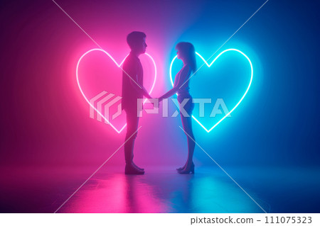 Couple in love holding hands. Man and woman in neon light. Concept of love. 111075323
