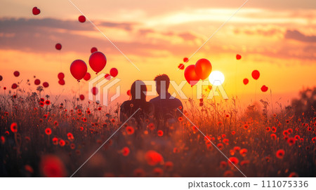 Romantic evening date in a nature with red heart-shaped balloons 111075336