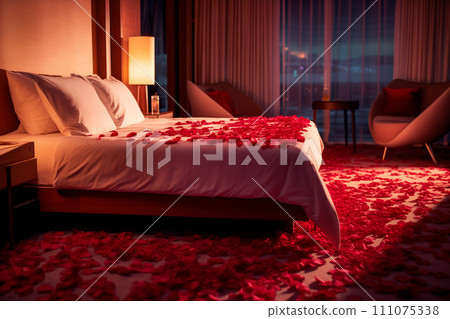 Red rose petals on bed in hotel bedroom, Valentine's day concept Red rose petals on bed in hotel bedroom, Valentine's day concept 111075338