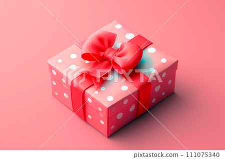 Mystery gift box with ribbon on solid bold background. Isometric view of present or giftbox with bow, Mystery gift box with ribbon on solid bold background. Isometric view of present or giftbox with bow, 111075340