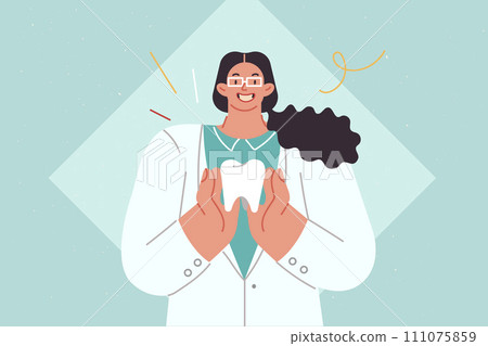 Woman dentist demonstrates large human tooth calling for attention to oral diseases 111075859