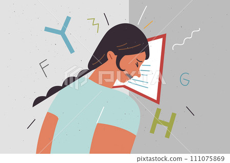 Tired girl student banging head against wall with book, suffering due to too much educational load 111075869