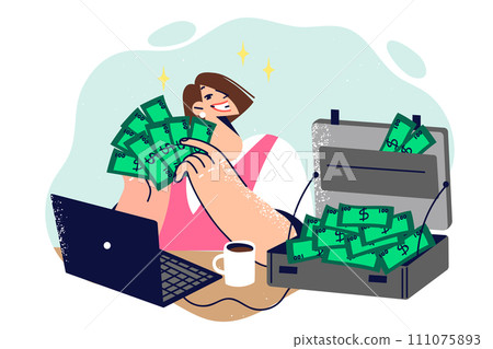 Business woman freelancer with bunch money earned on internet, sitting at table with laptop Business woman freelancer with bunch money earned on internet, sitting at table with laptop 111075893