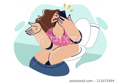 Woman suffering from diarrhea talks on phone sitting on toilet and ordering medicine with delivery. Woman suffering from diarrhea talks on phone sitting on toilet and ordering medicine with delivery. 111075894