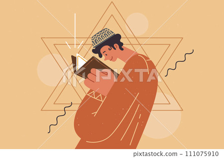 Jewish teenage boy reads torah with description of judaism, standing near star of david 111075910