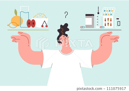 Man chooses between healthy nutrition and medications replace natural vitamins from food 111075917