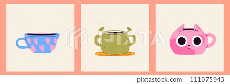 A set of IG post card with ceramic mugs and a groovy style. With different textures and patterns and prints. Organic funny shapes. Vector contemporary illustration 111075943