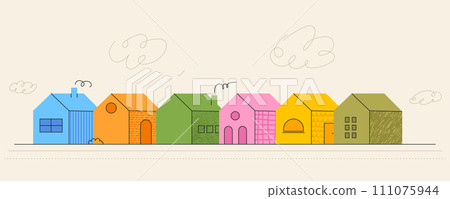 Street with road from simple house icons in bright color. Neighborhood village. Contemporary trendy illustration with textures. Vector kit of kids pictures Street with road from simple house icons in bright color. Neighborhood village. Contemporary trendy illustration with textures. Vector kit of kids pictures 111075944