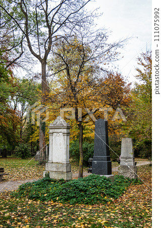 Autumn view of famous Old North Cemetery of Munich, Germany with historic gravestones. Autumn view of famous Old North Cemetery of Munich, Germany with historic gravestones. 111075992