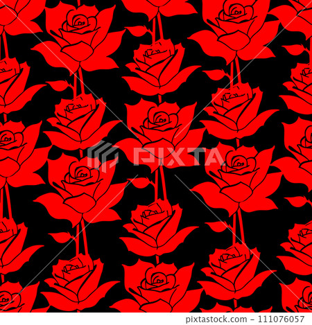 seamless graphic floral pattern red roses on black background, texture, design 111076057