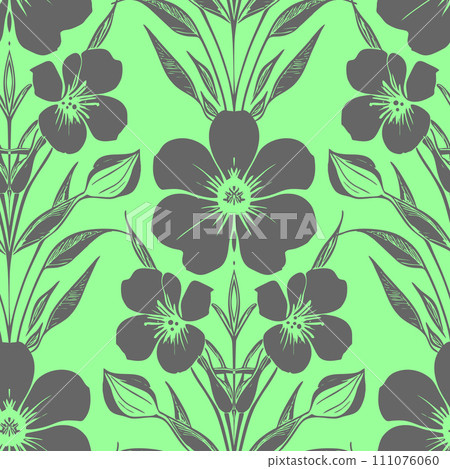 seamless pattern of gray flowers on a green background, texture, background 111076060