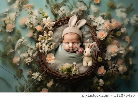 AI-generated content. Newborn baby wearing a hat sleeping in basket with flowers decoration. 111076450
