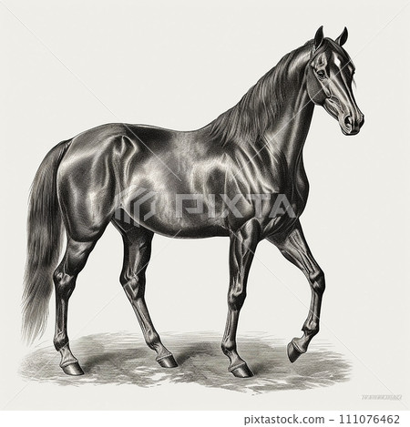 Akhal-Teke horse, engraving style, close-up portrait, black and white drawing, beautiful animal, favorite pet 111076462