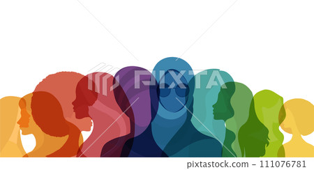 Isolated group silhouette of multicultural women. International women's day. Diversity - inclusion - equality or empowerment concept. Banner rainbow colors 111076781