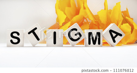 The word stamp made of wooden blocks lies on a light background with beautiful foliage 111076812