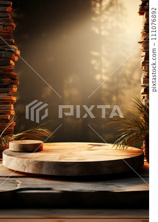 Stylish eco-friendly podium for the display and demonstration of goods or cosmetic eco-friendly products against the background of forest Stylish eco-friendly podium for the display and demonstration of goods or cosmetic eco-friendly products against the background of forest 111076892