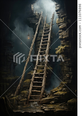 Old wooden staircase leading up from a dark cave to sunlight. The concept of striving for knowledge Old wooden staircase leading up from a dark cave to sunlight. The concept of striving for knowledge 111076898