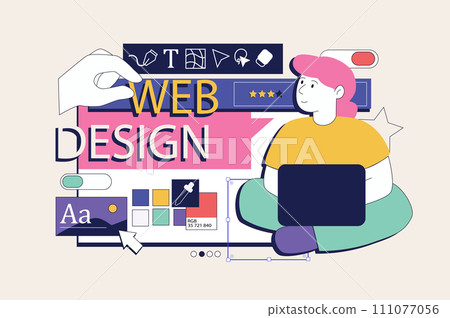 Web development concept in flat neo brutalism design. Woman creating homepage interface with placing content and buttons on mockup. Vector illustration for social media banner, marketing material. 111077056
