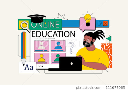 Education concept in flat neo brutalism design for web. Student learning with video classroom, studying and researching information. Vector illustration for social media banner, marketing material. 111077065
